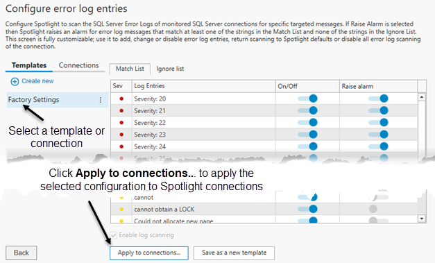 Apply the selected template or connection configuration to the selected connections