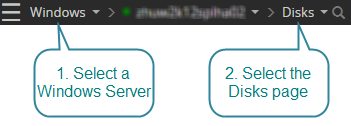 Open the disks drilldown for a Windows Server connection